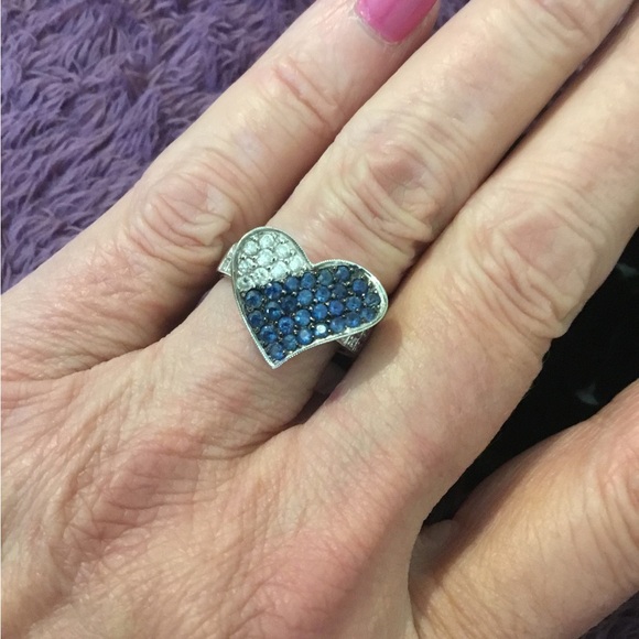 14k 585 White Gold Heart Diamond /Sapphire Ring - Picture 11 of 16